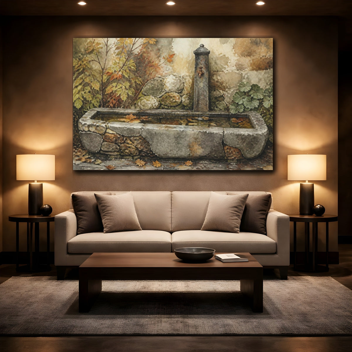 Mockup 2. Rustic Stone Trough Fountain shown as canvas print