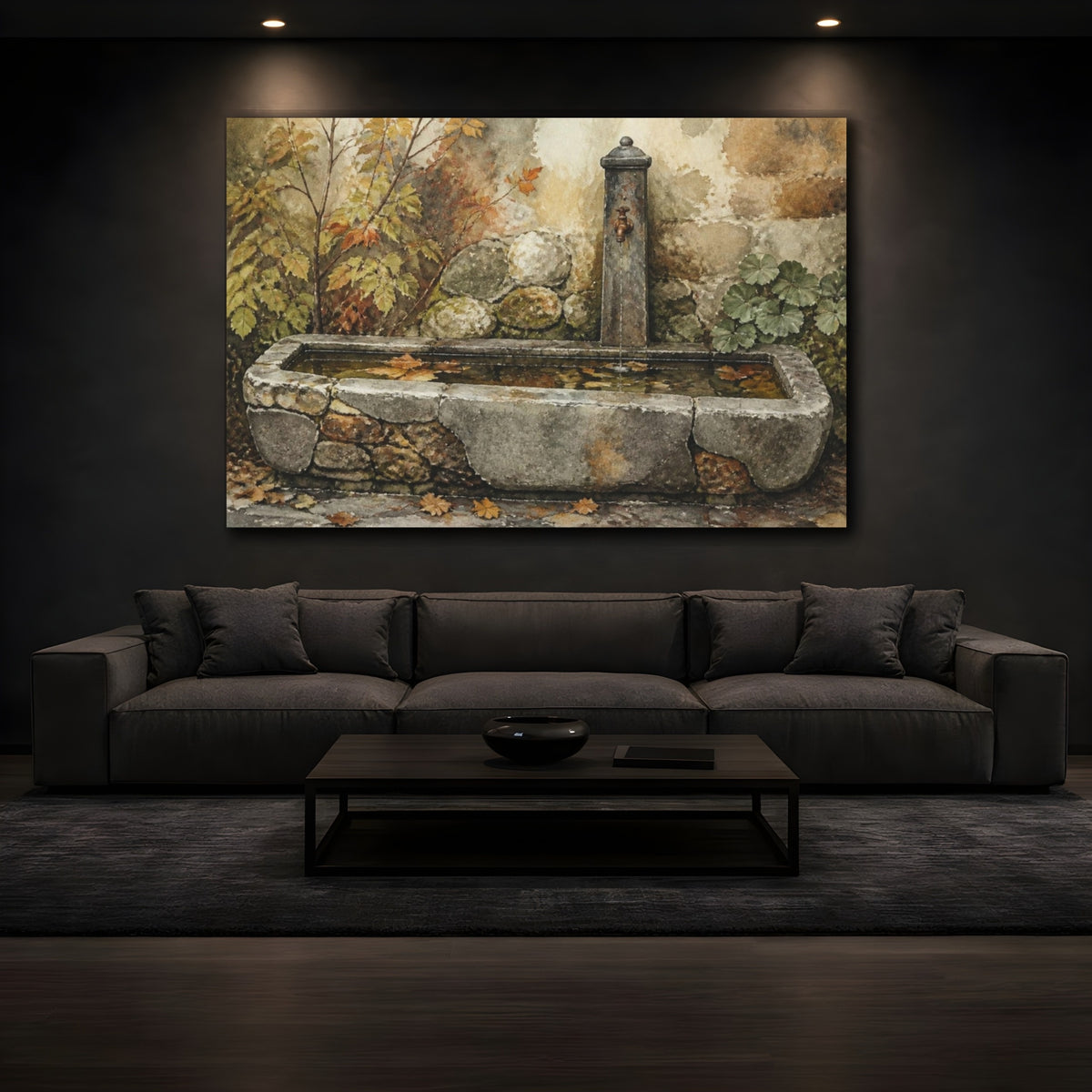 Mockup 3. Rustic Stone Trough Fountain shown as canvas print