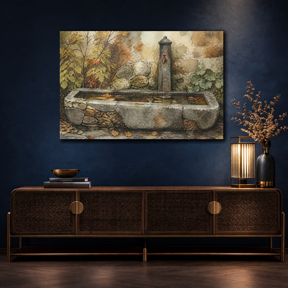 Mockup 4. Rustic Stone Trough Fountain shown as canvas print