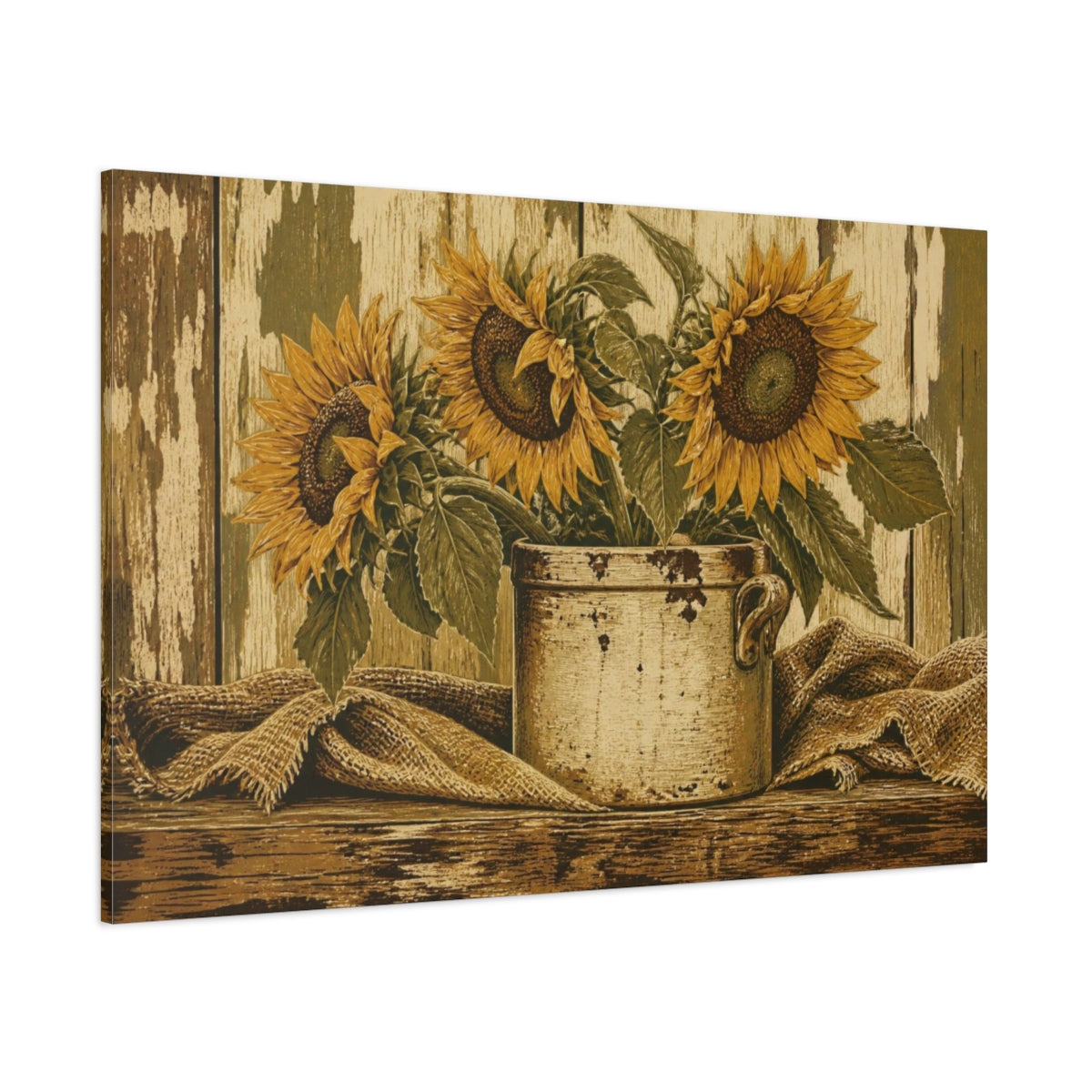 Side Mockup 1. Rustic Sunflower Crock shown as canvas print