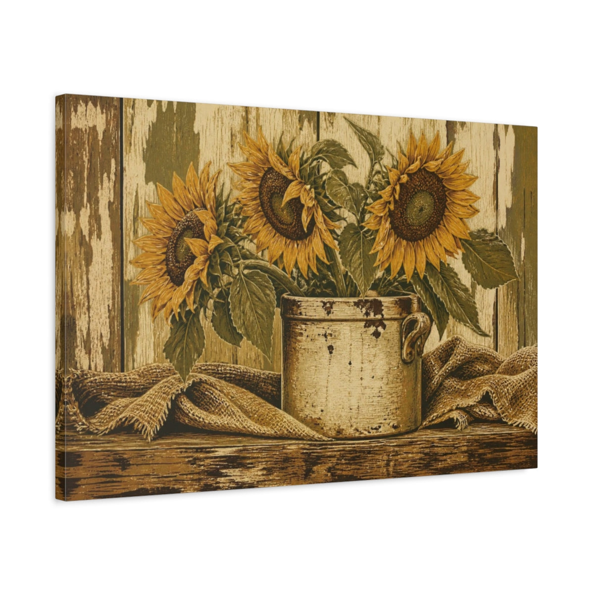Side Mockup 2. Rustic Sunflower Crock shown as canvas print