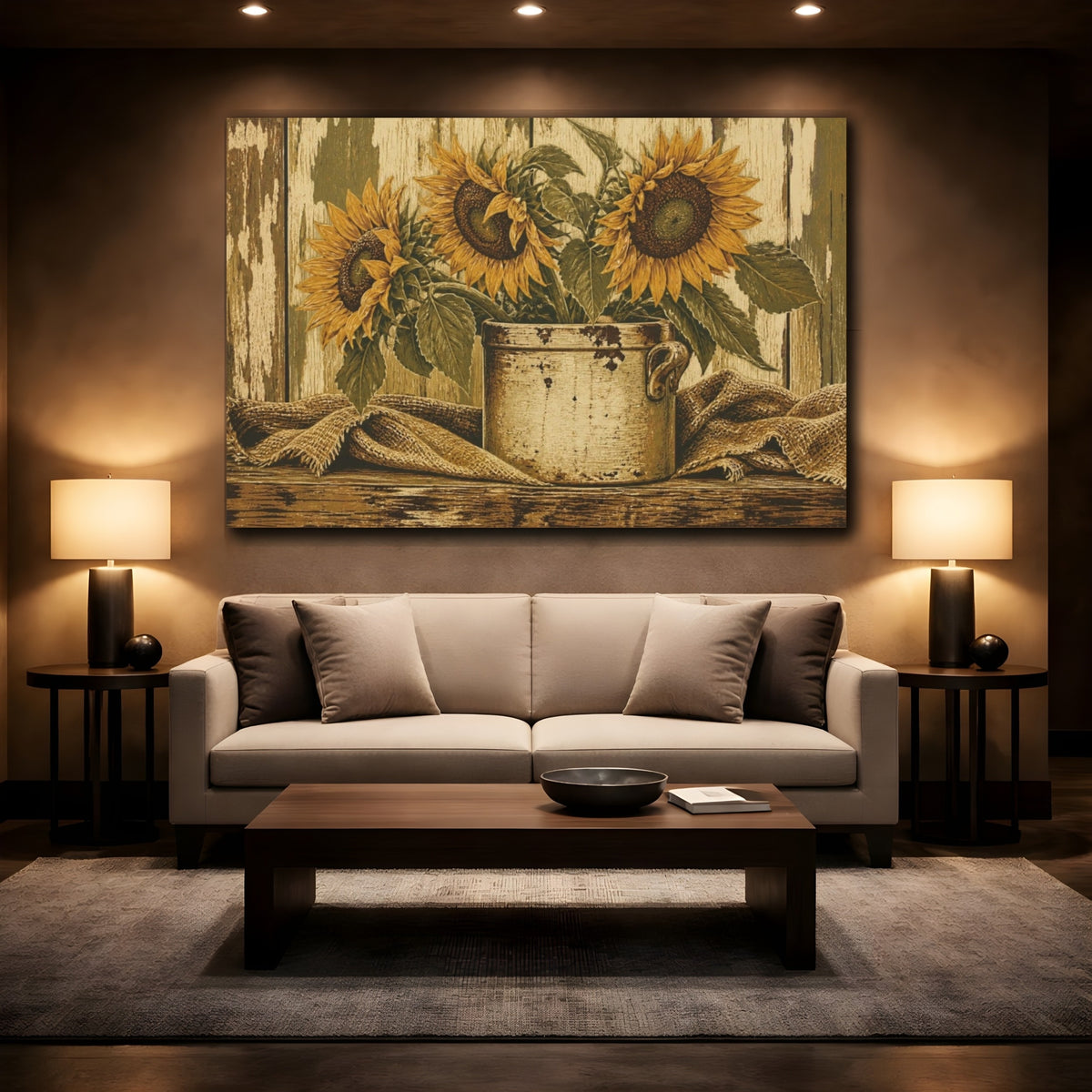 Mockup 2. Rustic Sunflower Crock shown as canvas print