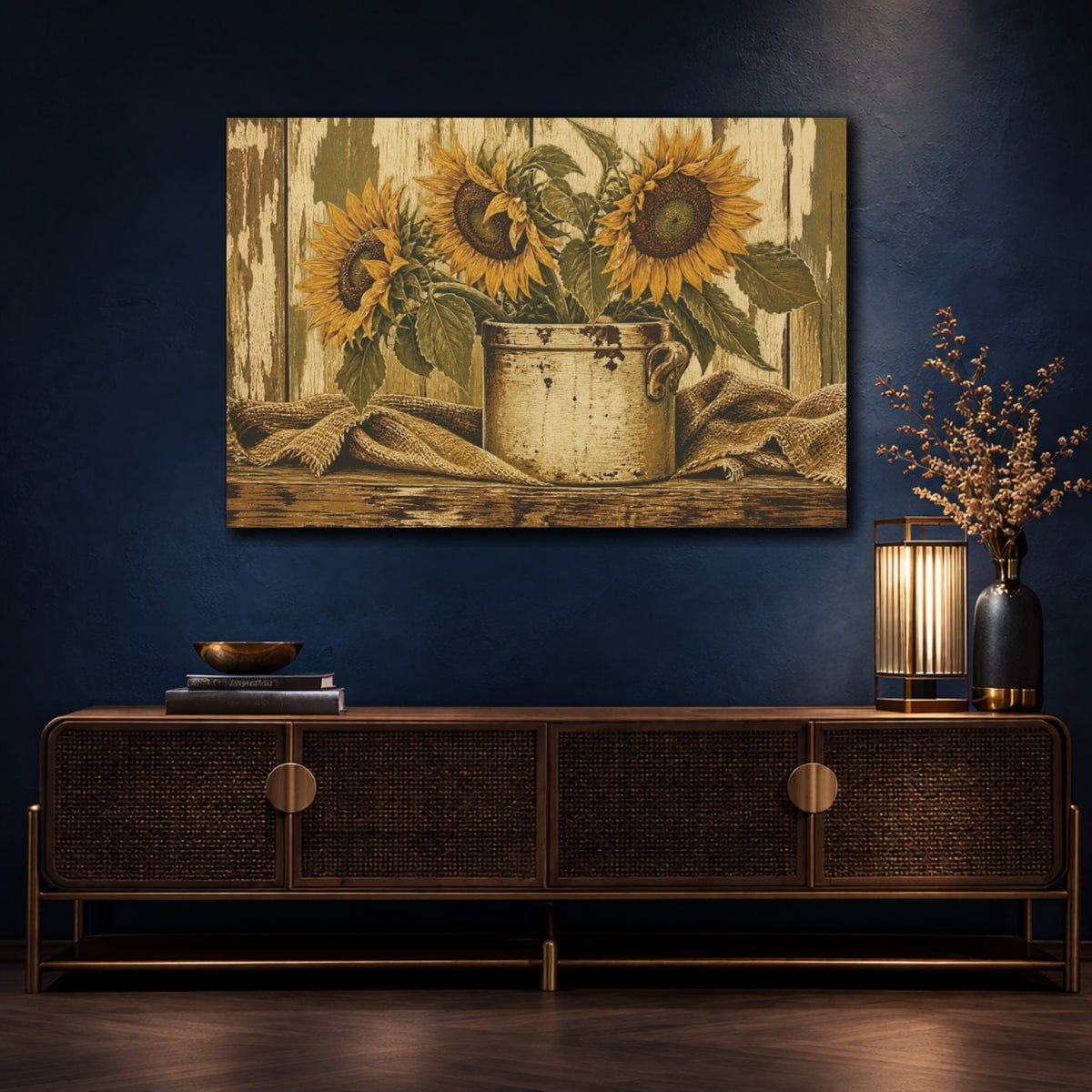 Mockup 4. Rustic Sunflower Crock shown as canvas print