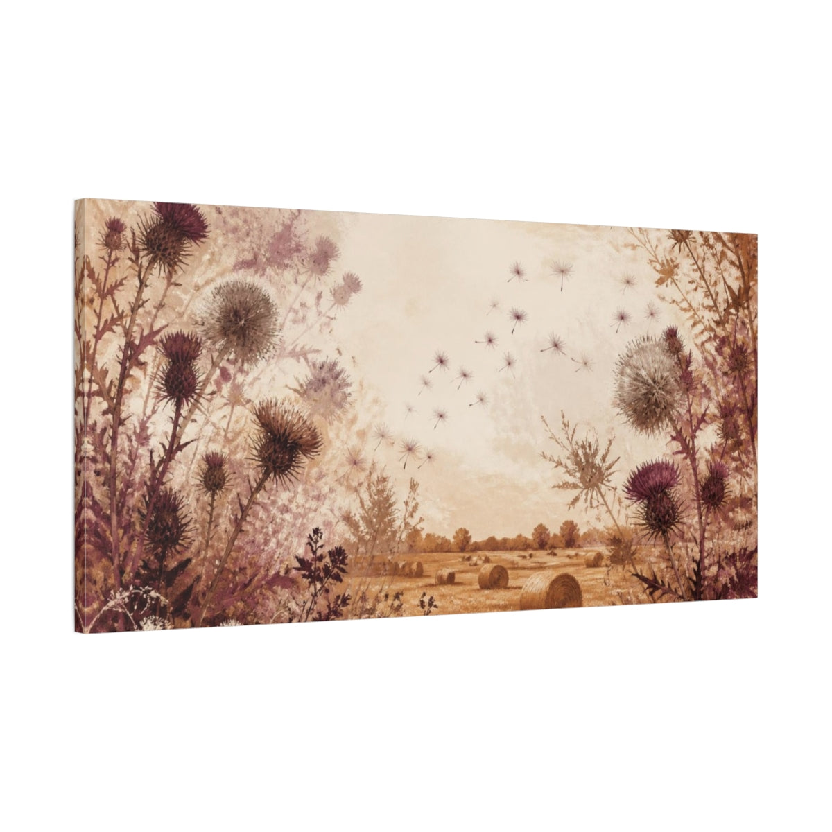 Main Mockup. Rustic Thistle Field shown as canvas print