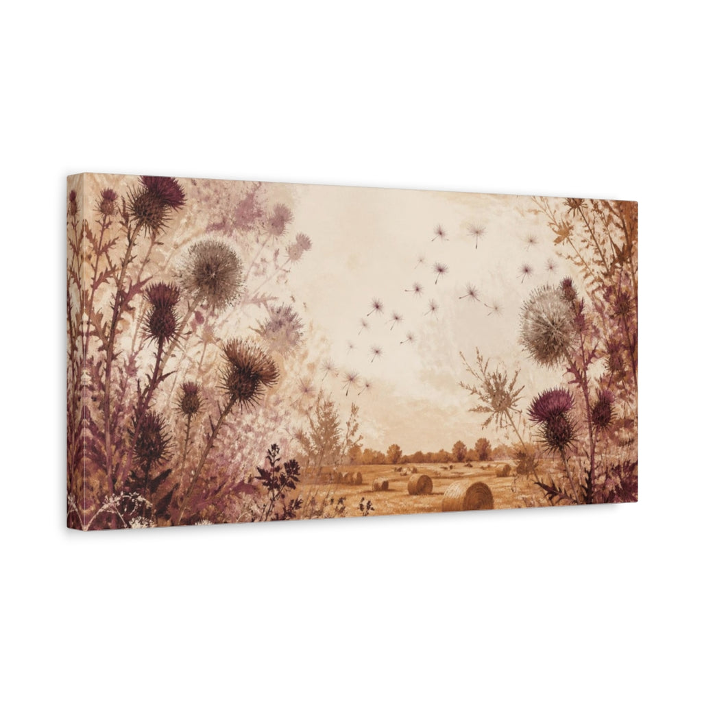 Side Mockup 3. Rustic Thistle Field shown as canvas print