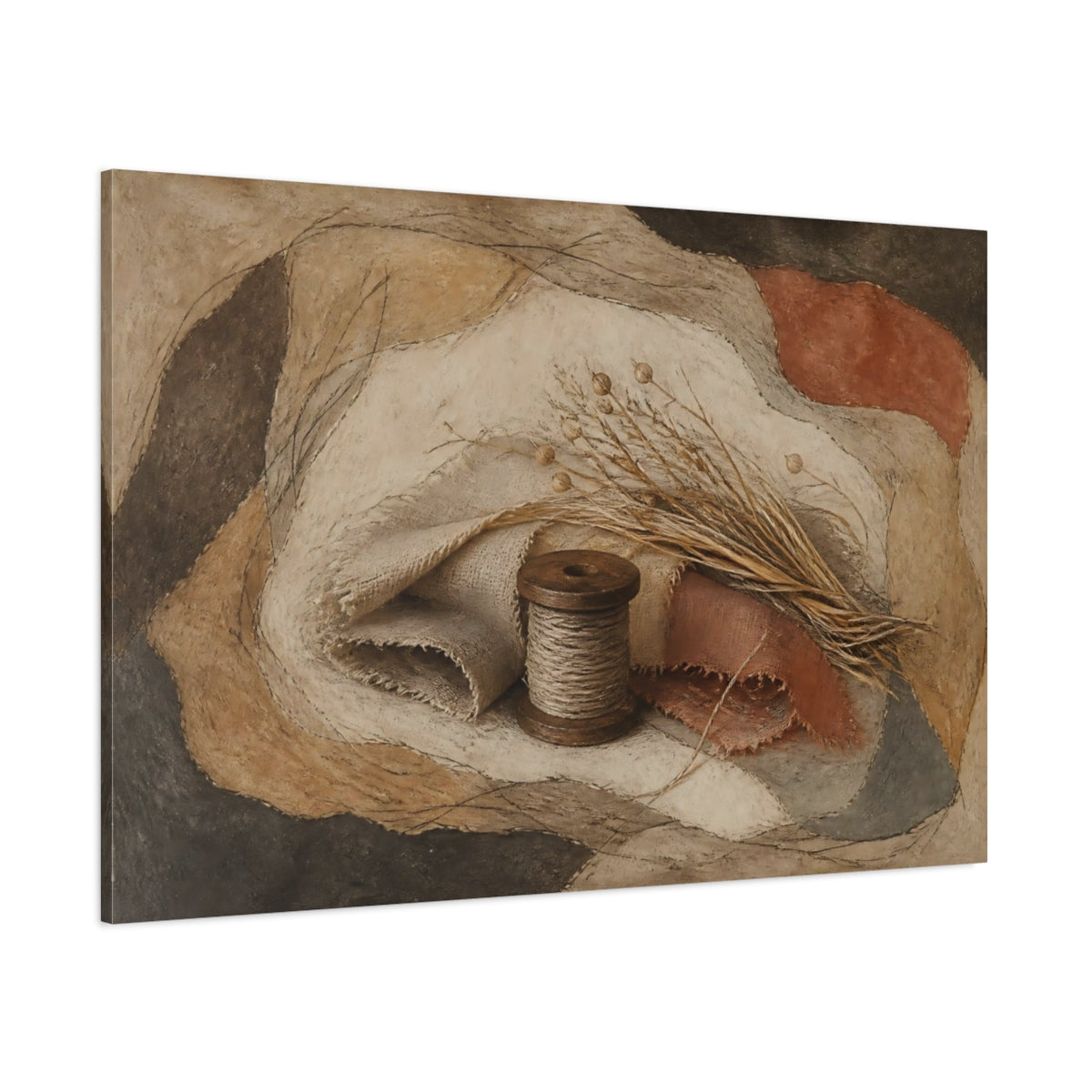 Side Mockup 1. Rustic Thread Spool shown as canvas print