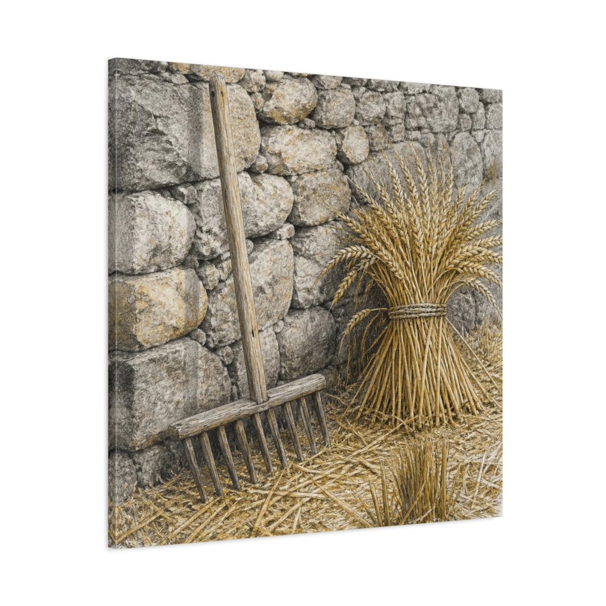 Main Mockup. Rustic Wheat Rake Study shown as canvas print
