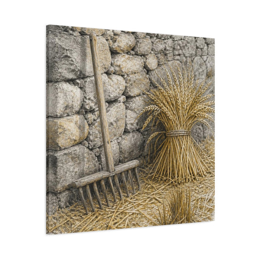 Main Mockup. Rustic Wheat Rake Study shown as canvas print