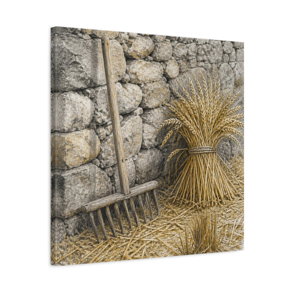 Side Mockup 4. Rustic Wheat Rake Study shown as canvas print
