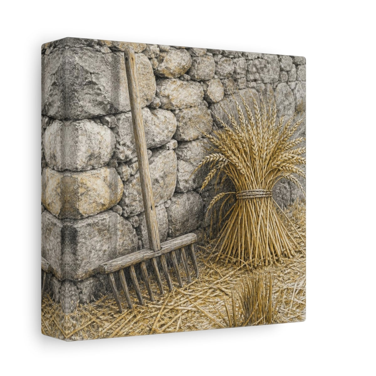 Side Mockup 2. Rustic Wheat Rake Study shown as canvas print