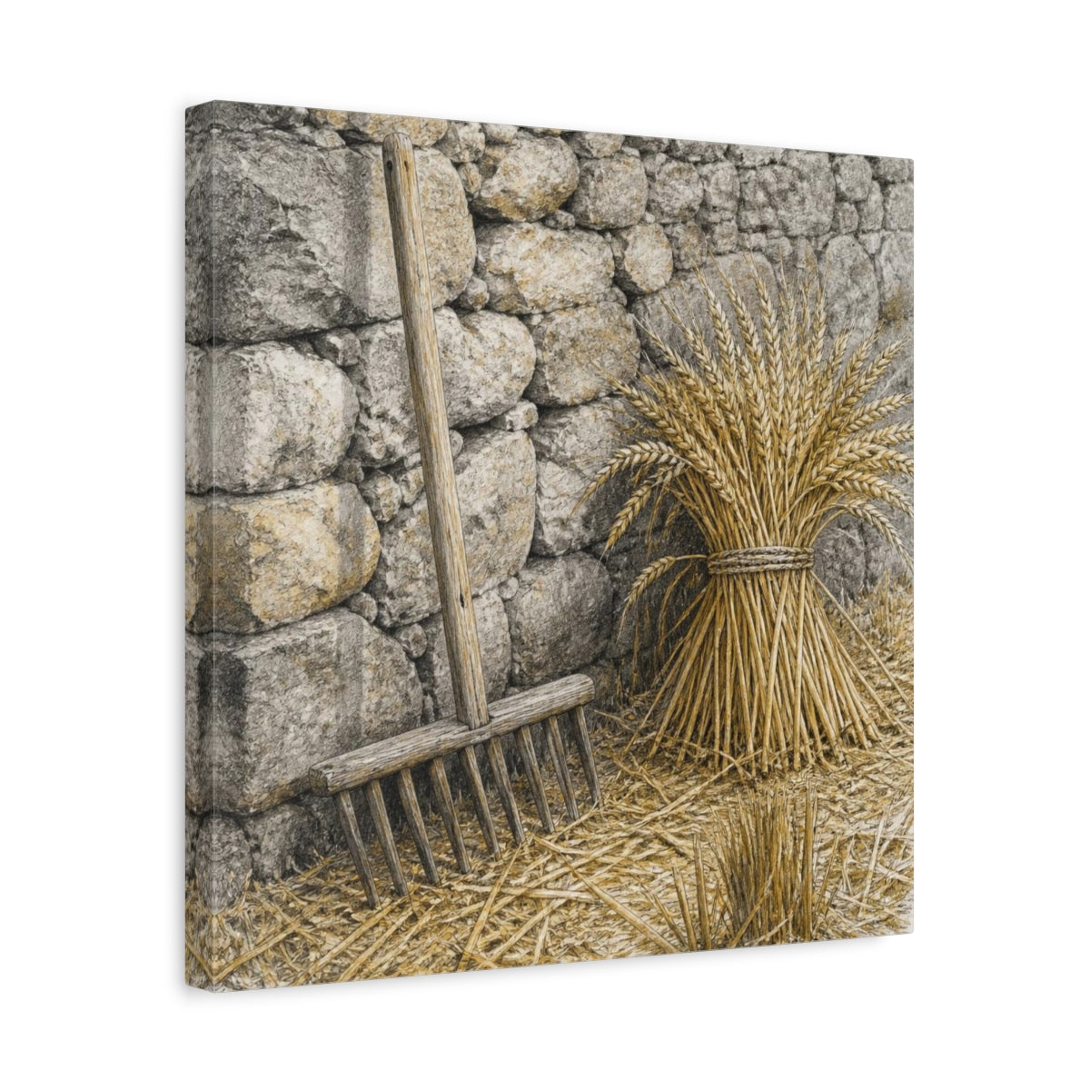 Side Mockup 6. Rustic Wheat Rake Study shown as canvas print