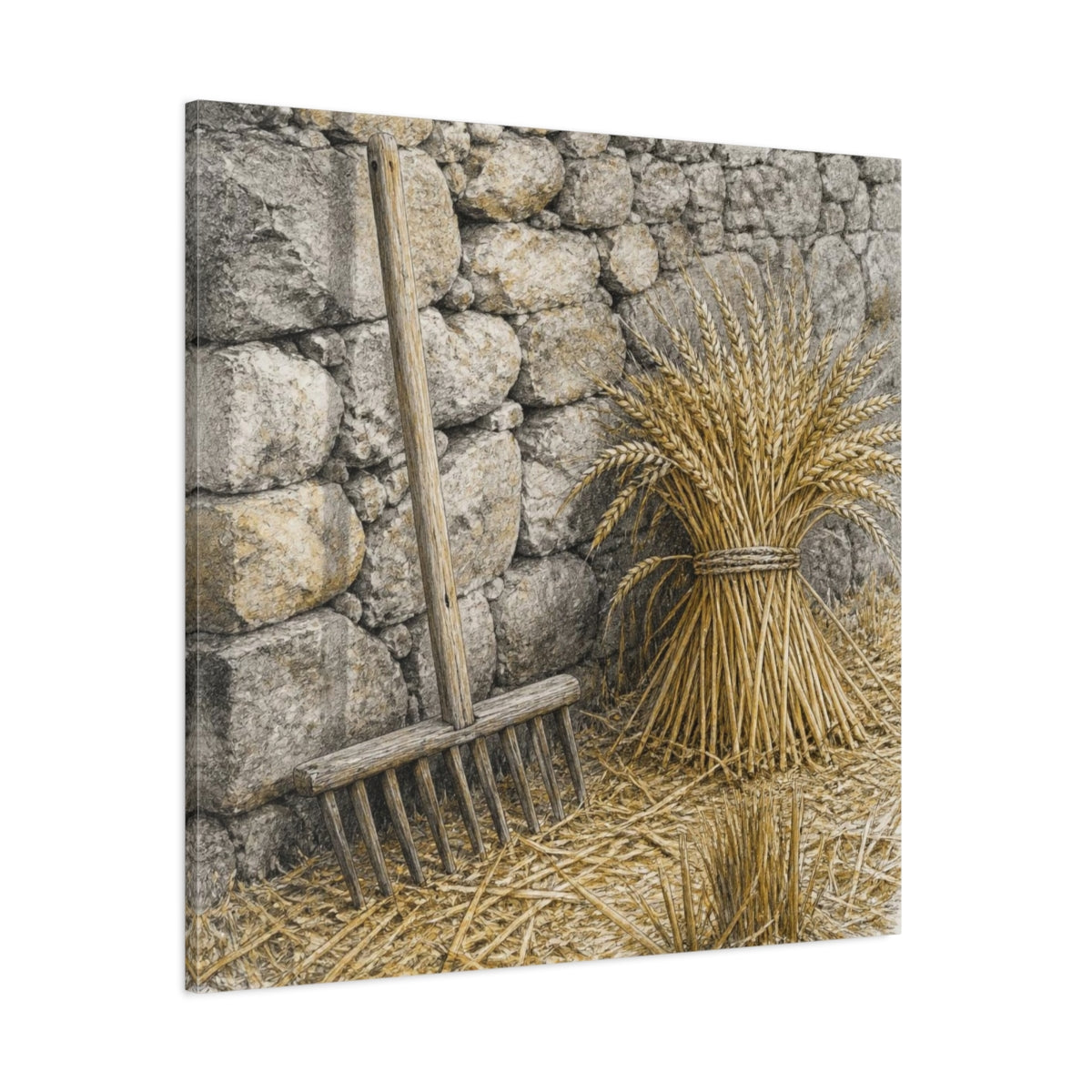 Side Mockup 1. Rustic Wheat Rake Study shown as canvas print