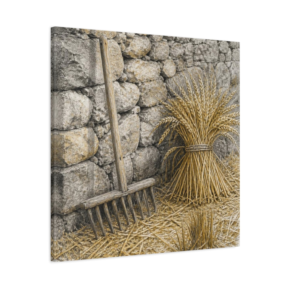 Side Mockup 3. Rustic Wheat Rake Study shown as canvas print