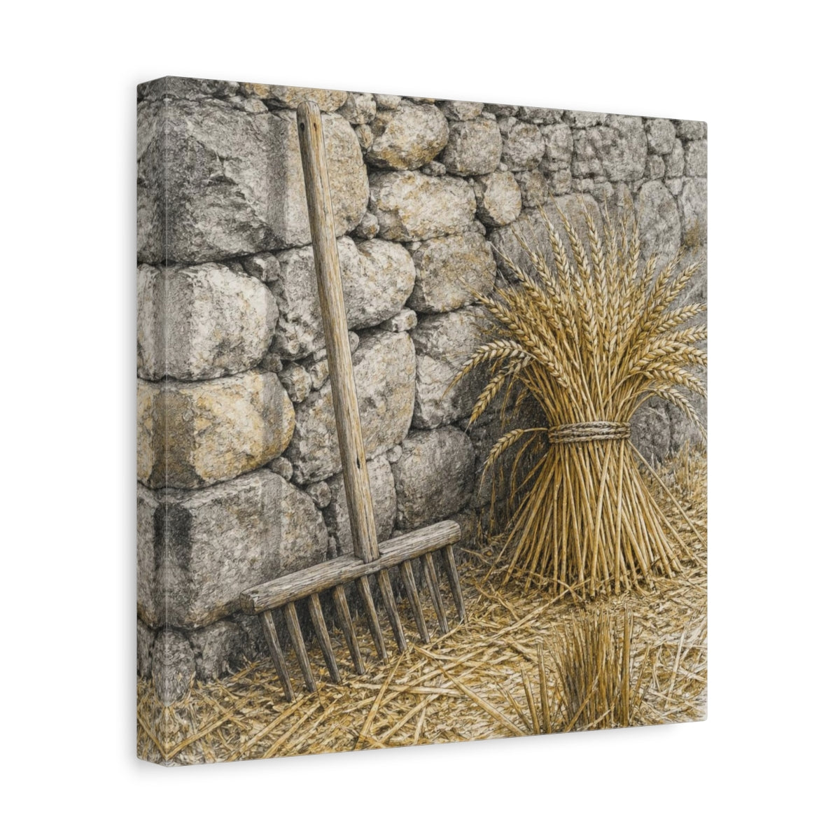 Side Mockup 8. Rustic Wheat Rake Study shown as canvas print