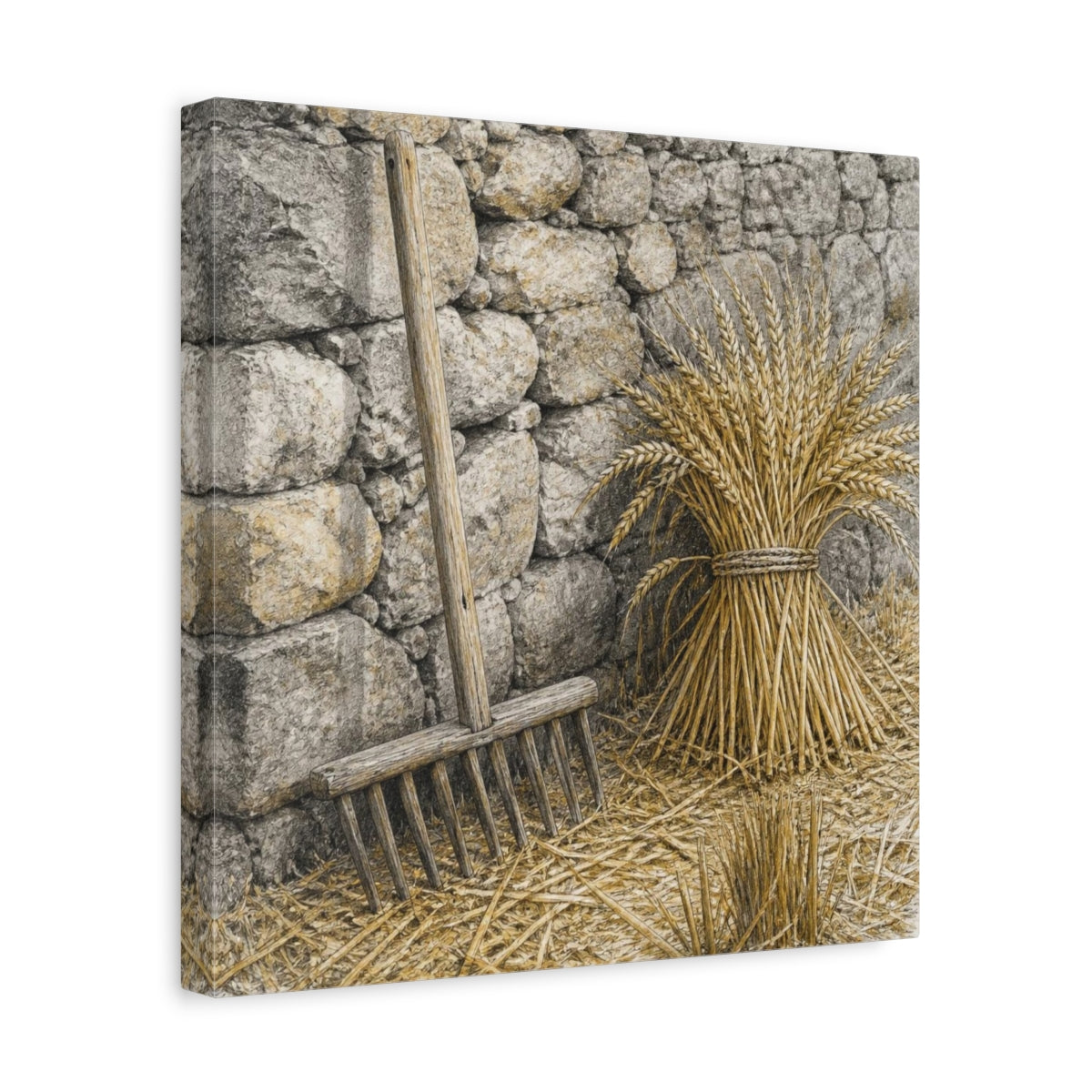 Side Mockup 7. Rustic Wheat Rake Study shown as canvas print