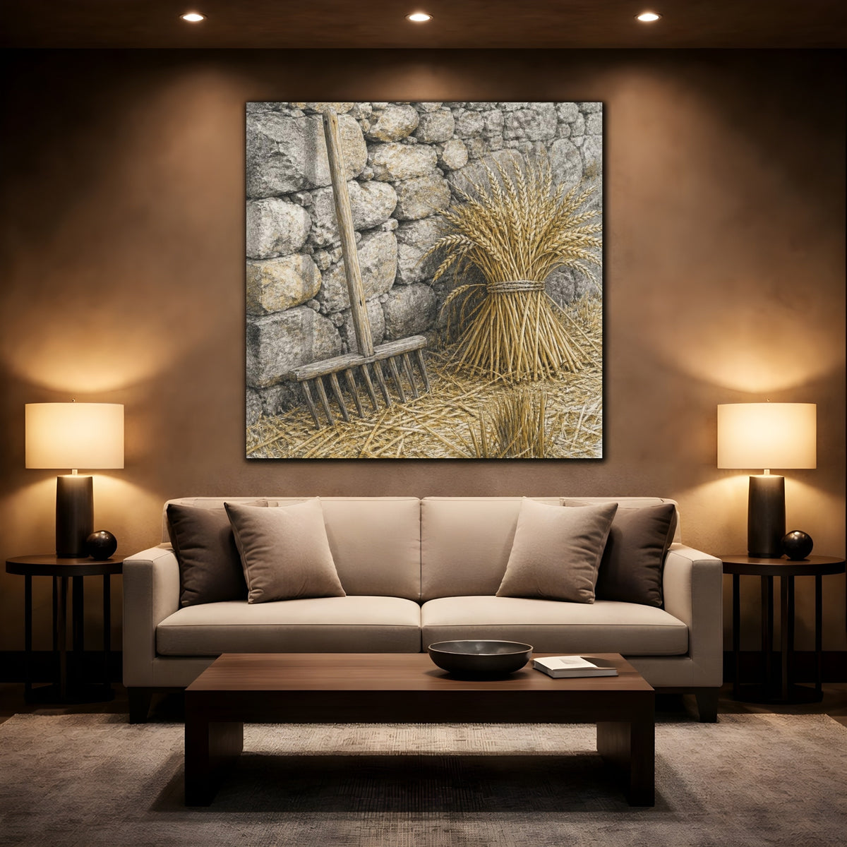 Mockup 2. Rustic Wheat Rake Study shown as canvas print