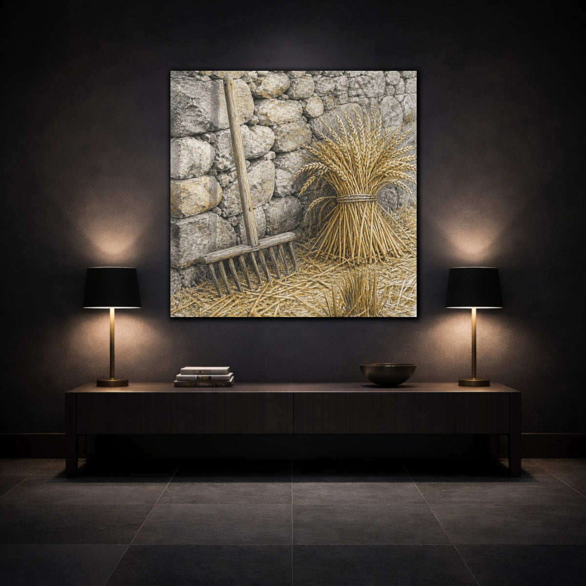 Mockup 3. Rustic Wheat Rake Study shown as canvas print