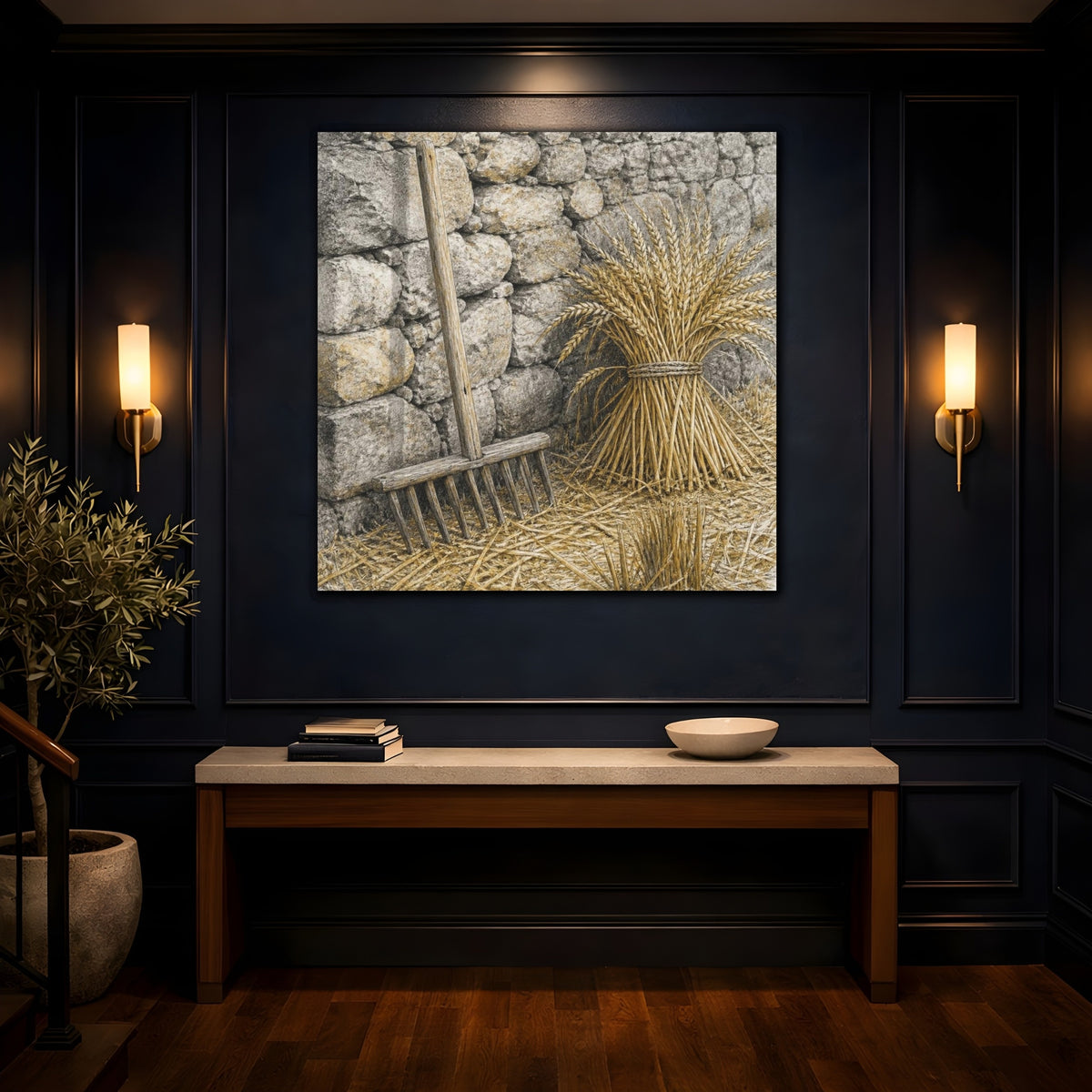 Mockup 4. Rustic Wheat Rake Study shown as canvas print