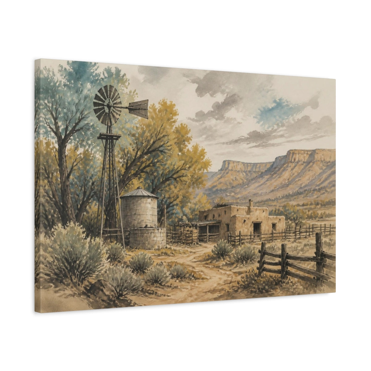 Side Mockup 2. Rustic Windmill Ranch shown as canvas print