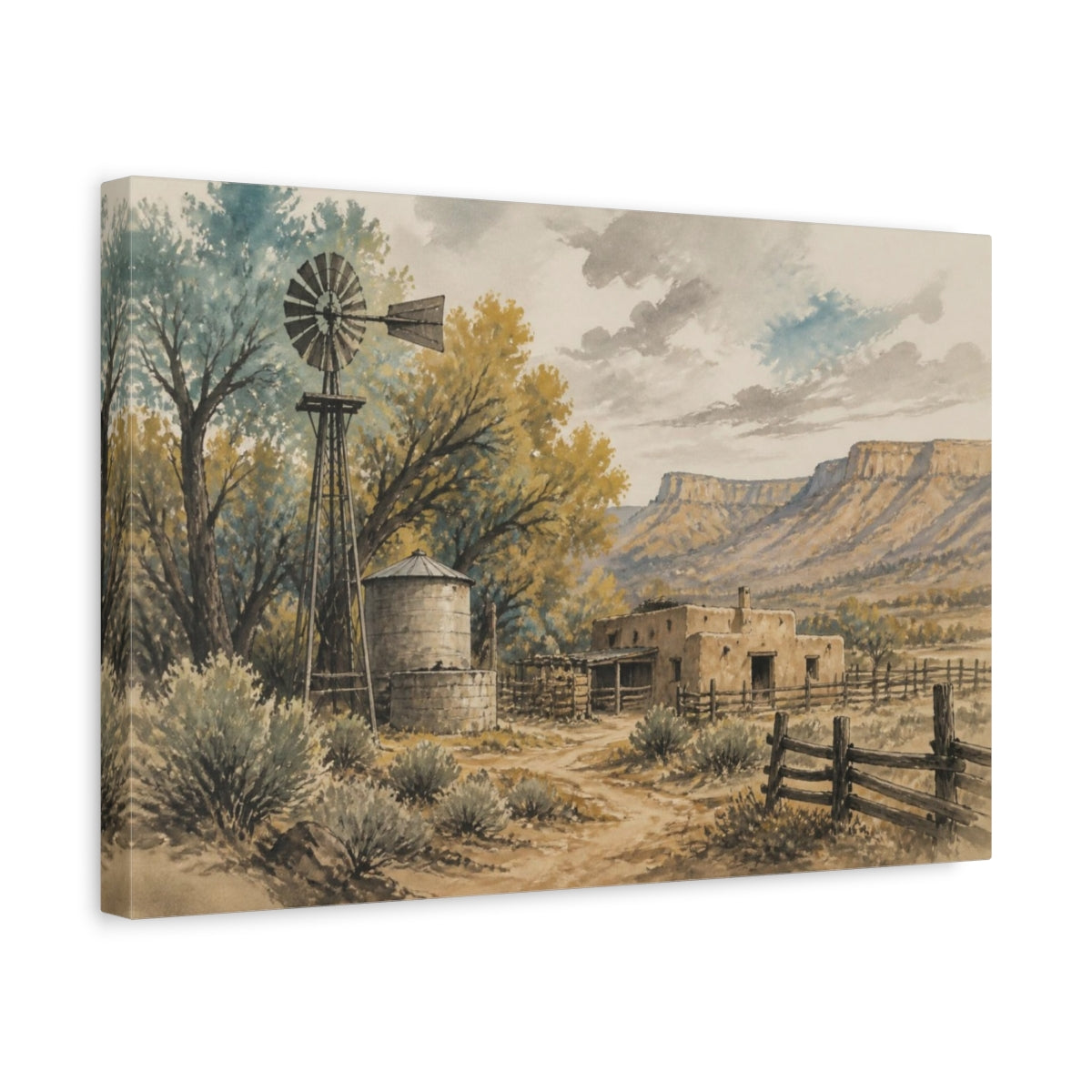 Side Mockup 4. Rustic Windmill Ranch shown as canvas print