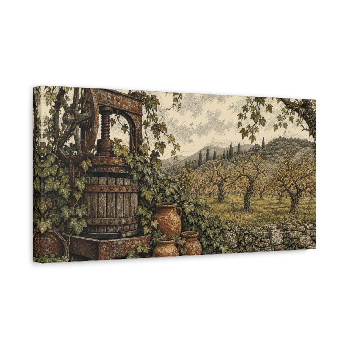 Side Mockup 3. Rustic Wine Press shown as canvas print