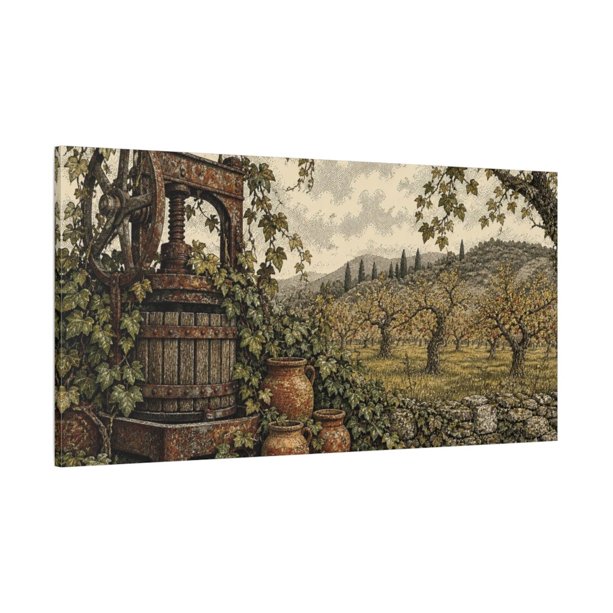 Side Mockup 2. Rustic Wine Press shown as canvas print