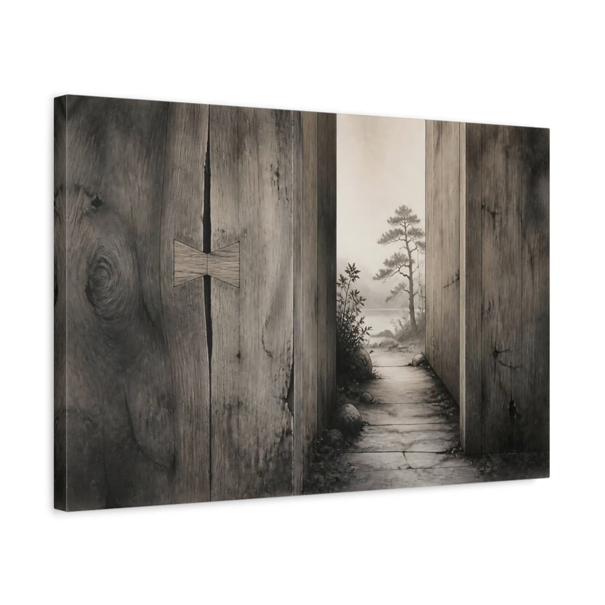 Side Mockup 3. Rustic Wood Doorway View shown as canvas print