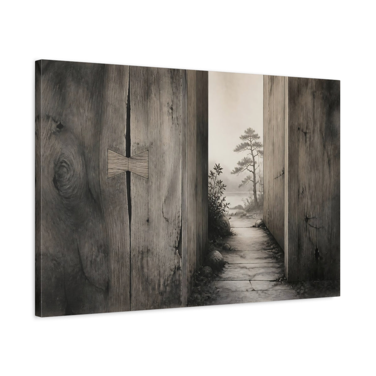 Side Mockup 2. Rustic Wood Doorway View shown as canvas print