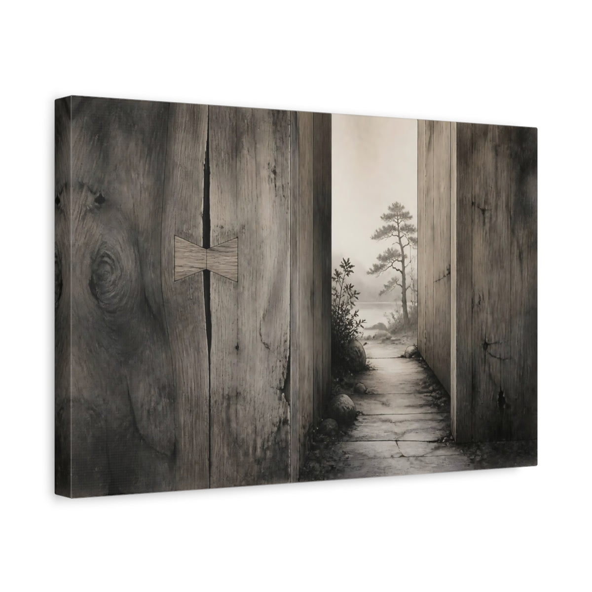 Side Mockup 4. Rustic Wood Doorway View shown as canvas print