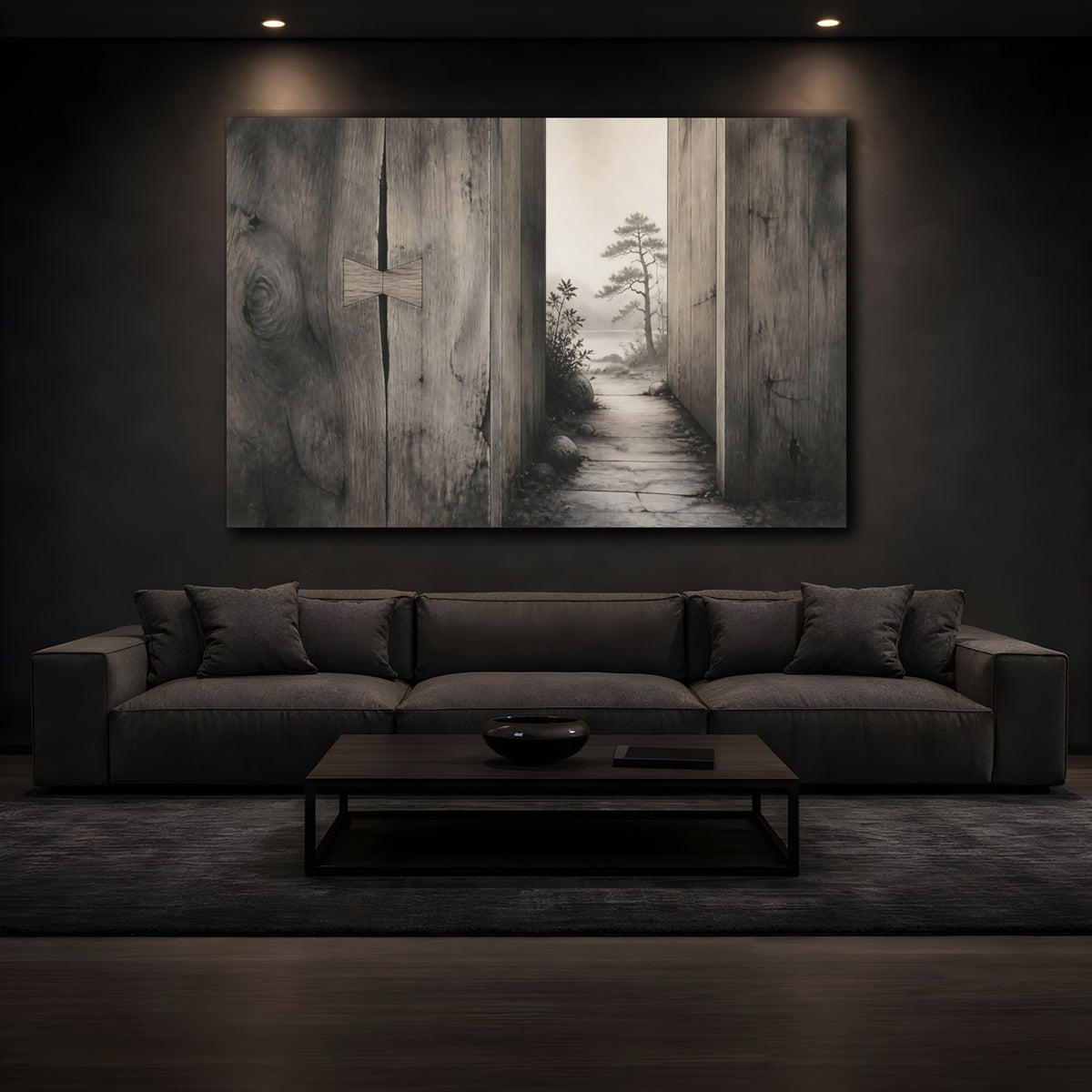 Mockup 3. Rustic Wood Doorway View shown as canvas print