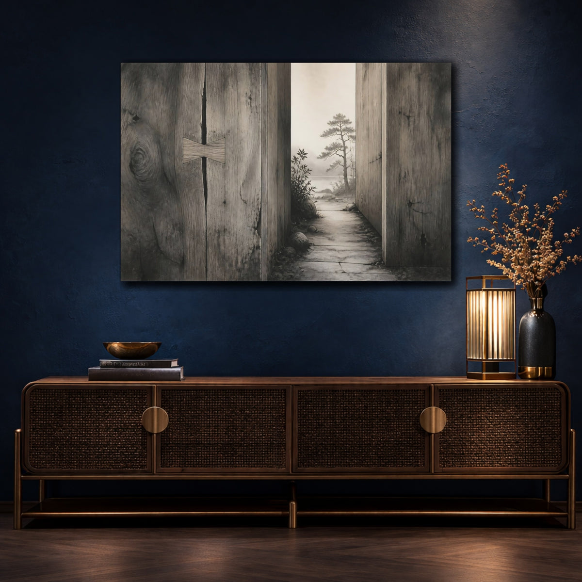 Mockup 4. Rustic Wood Doorway View shown as canvas print