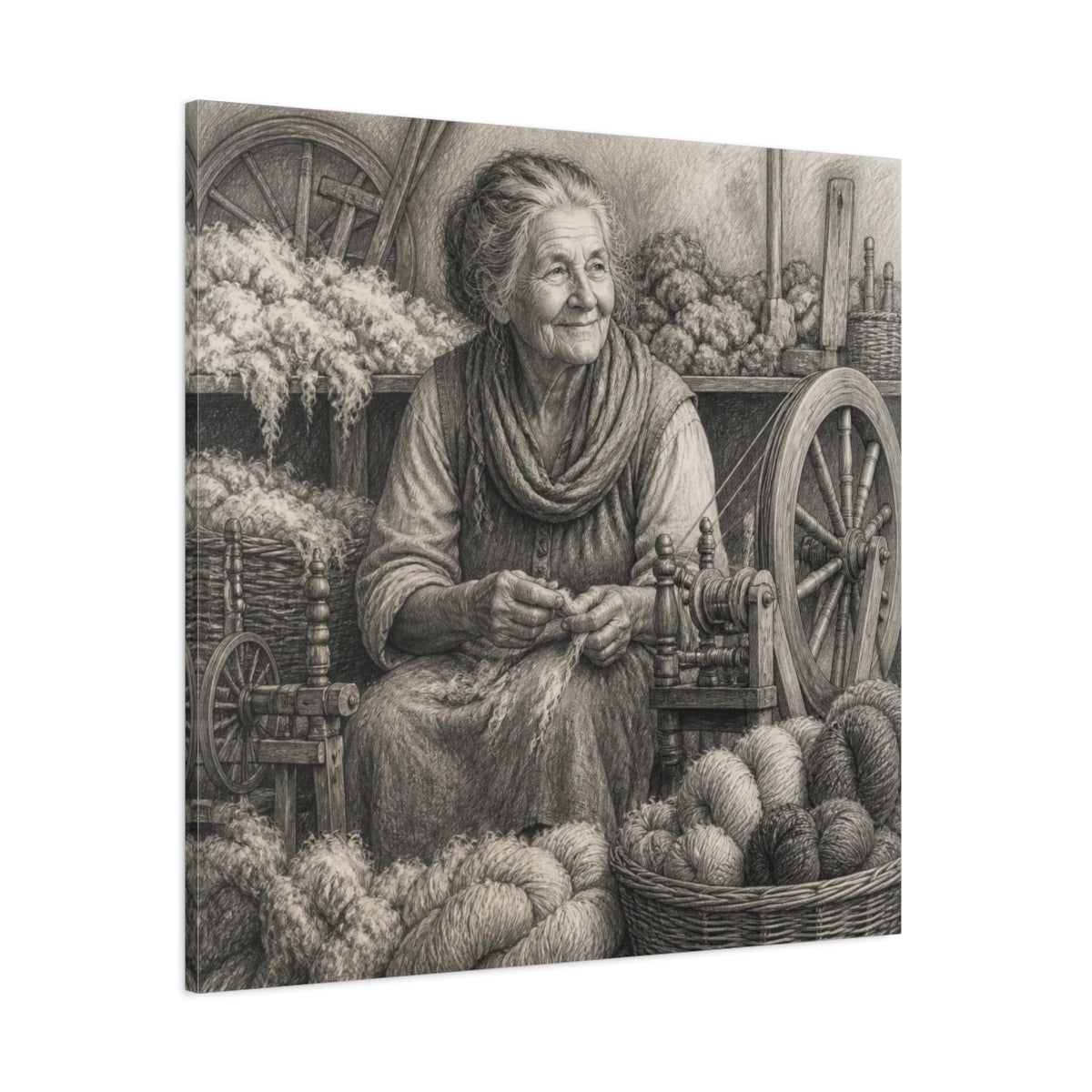 Side Mockup 1. Rustic Yarn Spinner shown as canvas print