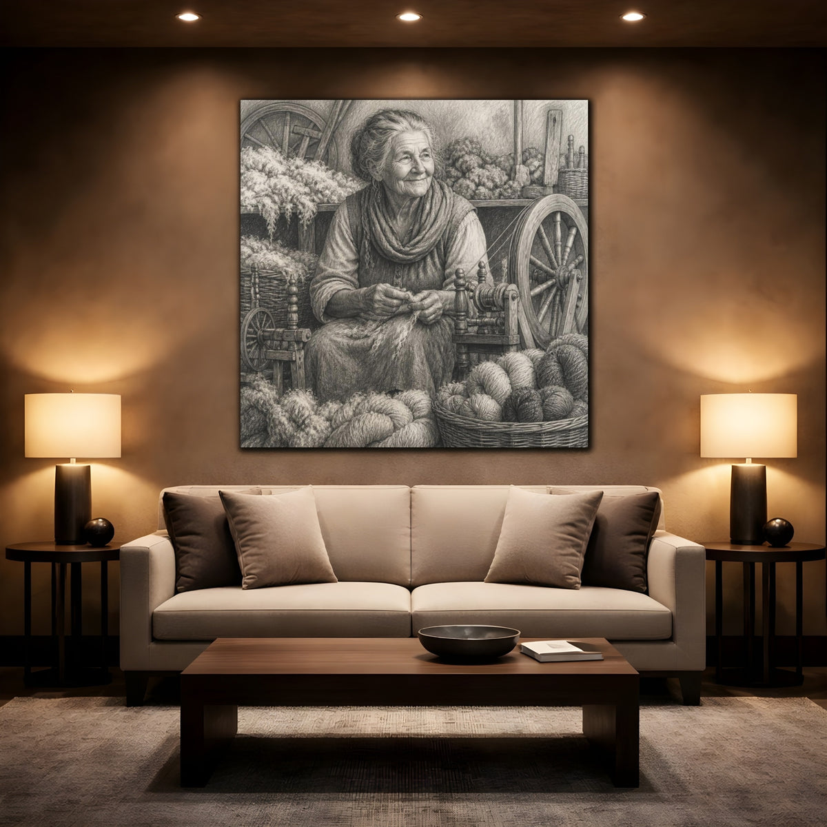 Mockup 2. Rustic Yarn Spinner shown as canvas print