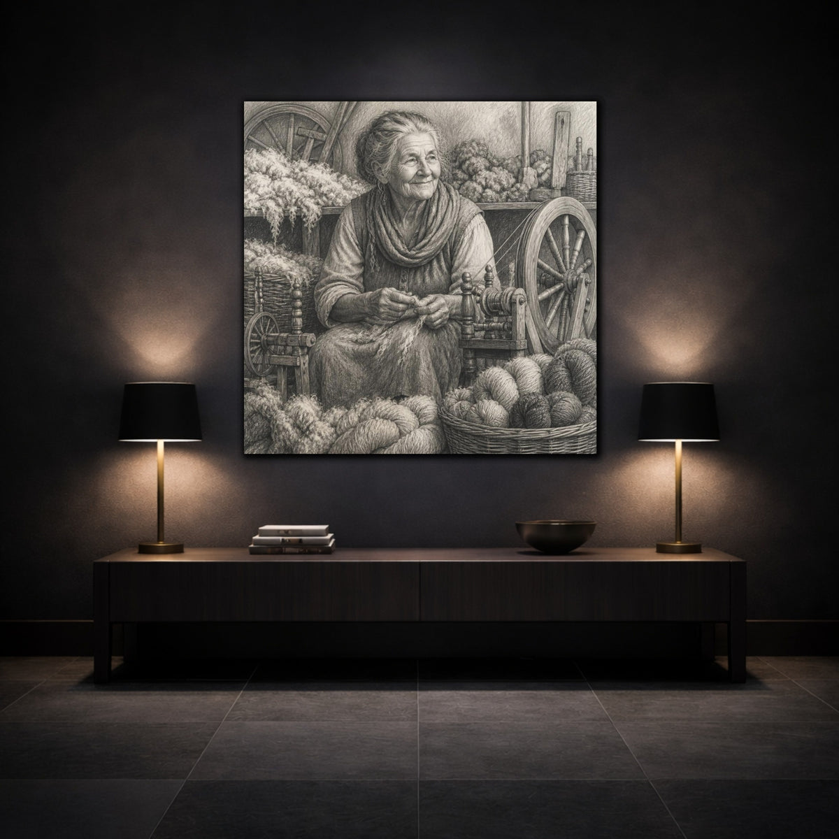 Mockup 3. Rustic Yarn Spinner shown as canvas print