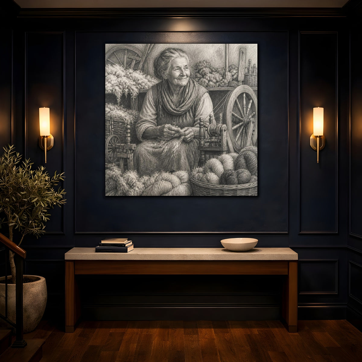 Mockup 4. Rustic Yarn Spinner shown as canvas print