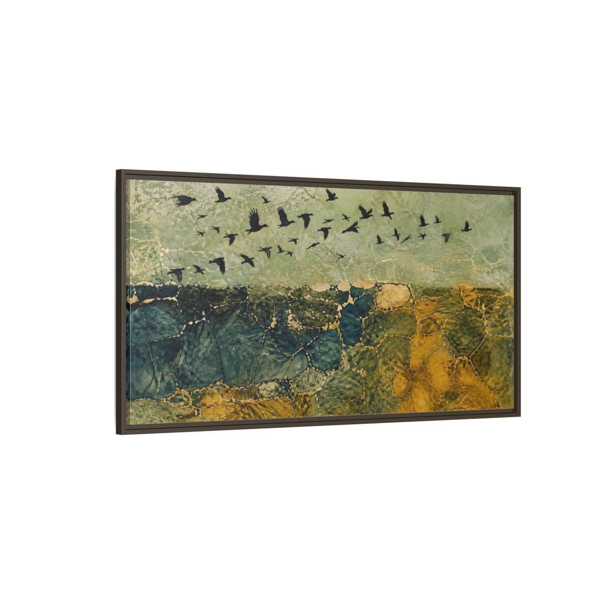 Side Mockup 4. Sage Horizon Birds shown as framed canvas print