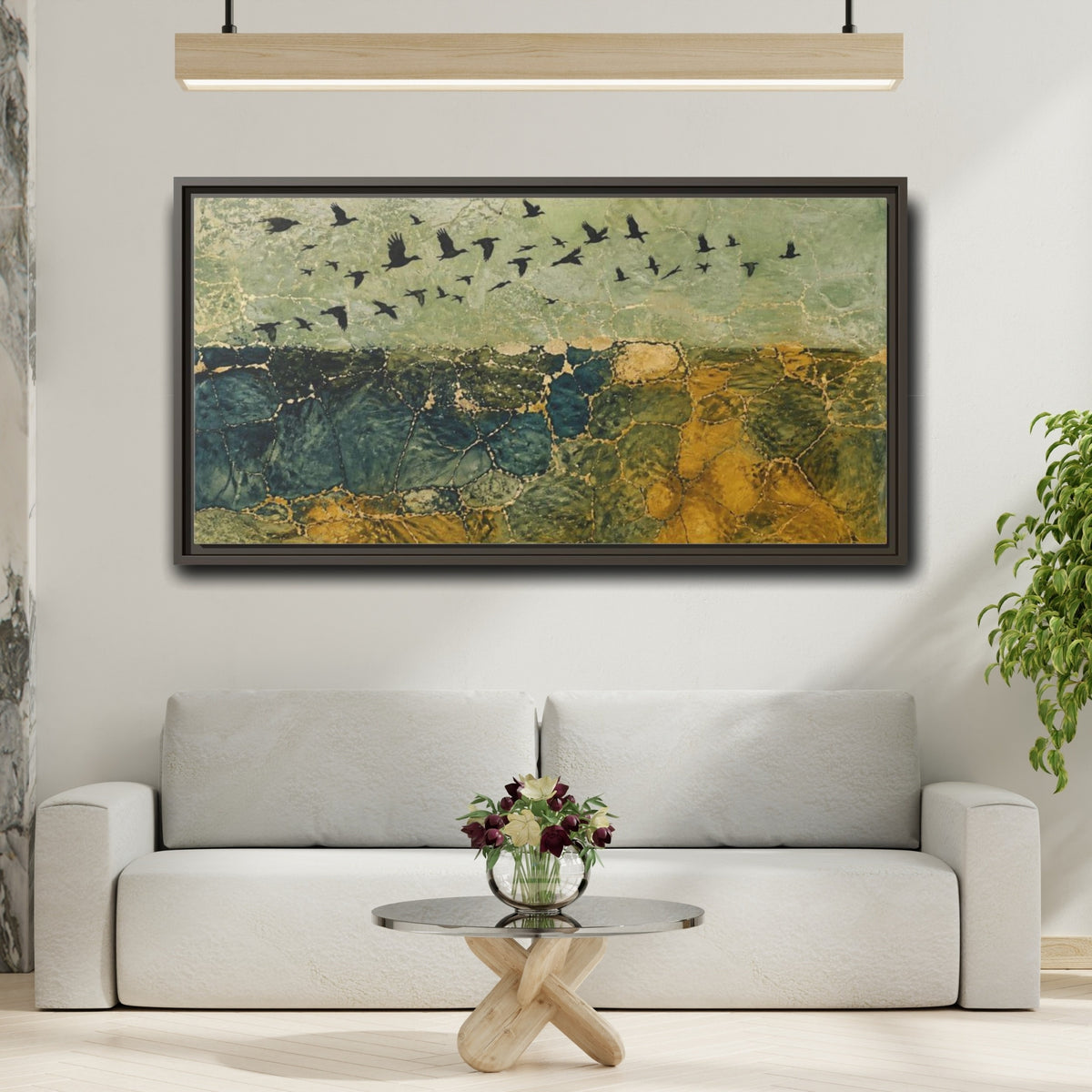 Mockup 2. Sage Horizon Birds shown as framed canvas print