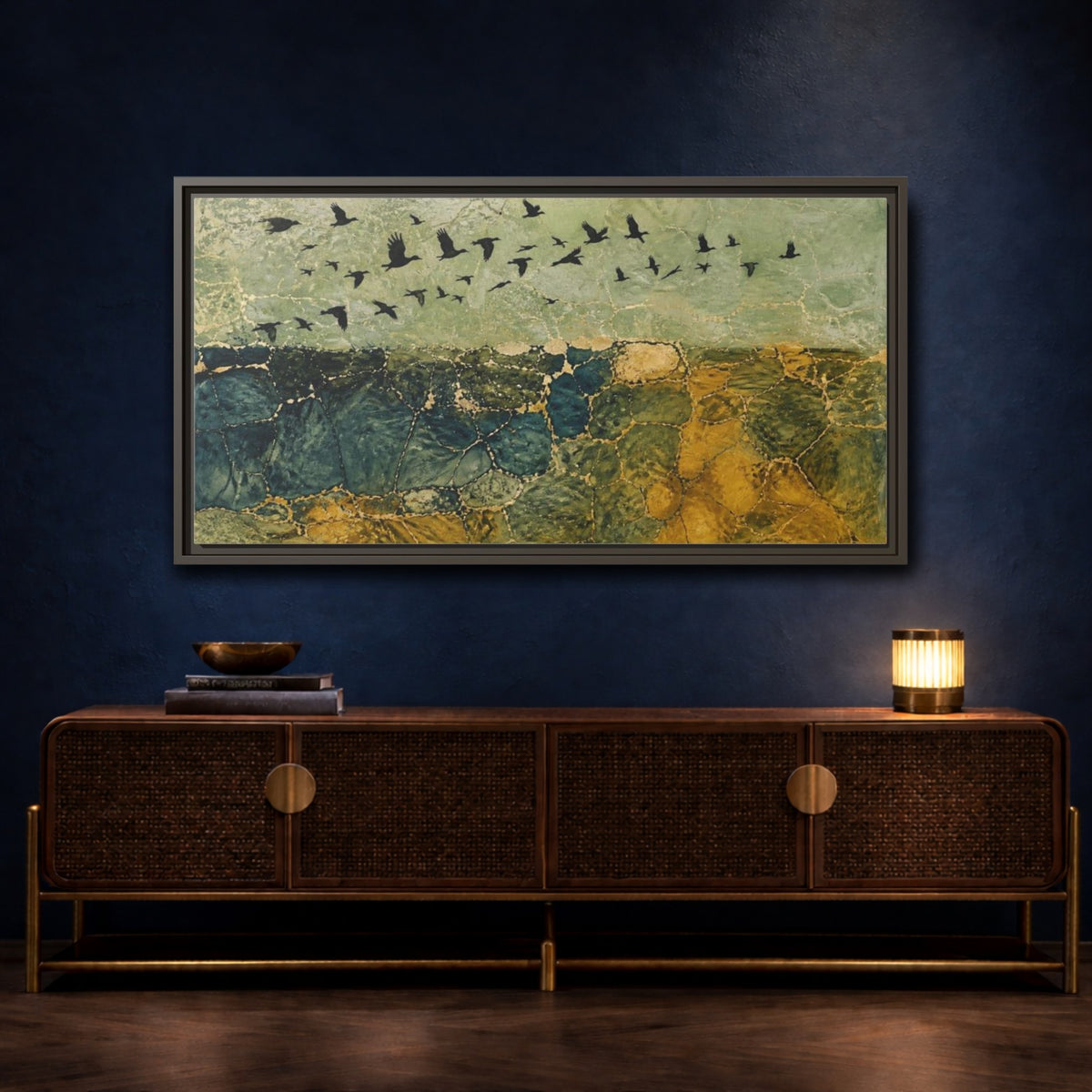 Mockup 4. Sage Horizon Birds shown as framed canvas print