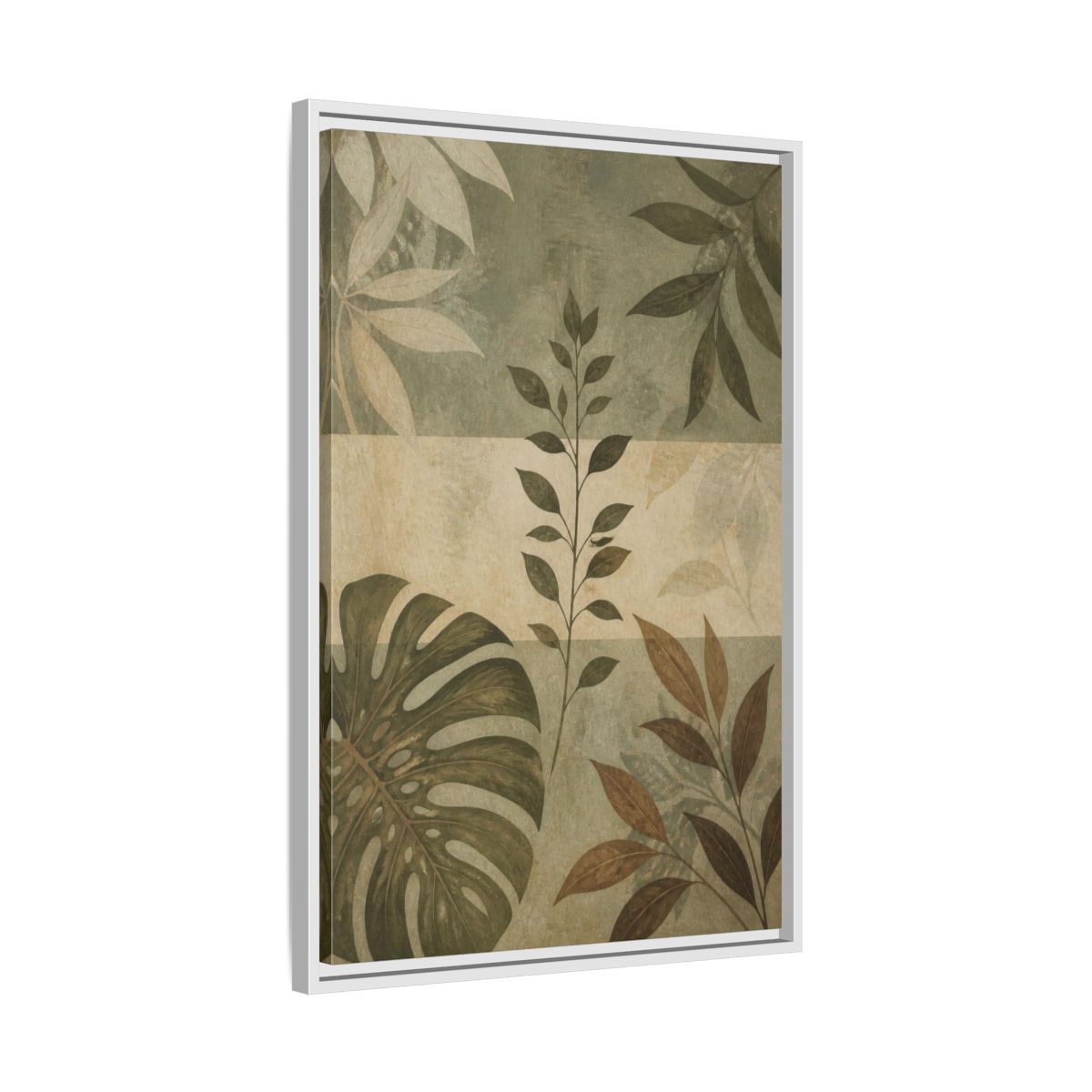 Side Mockup 10. Sage Leaf Study shown as framed canvas print