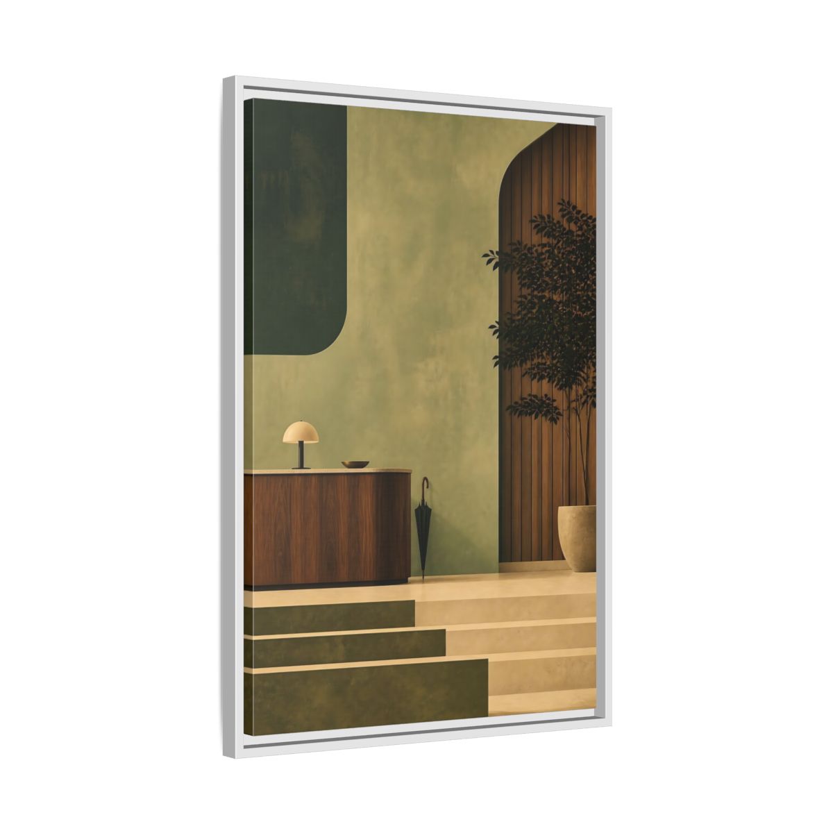 Side Mockup 10. Sage Reception Desk shown as framed canvas print