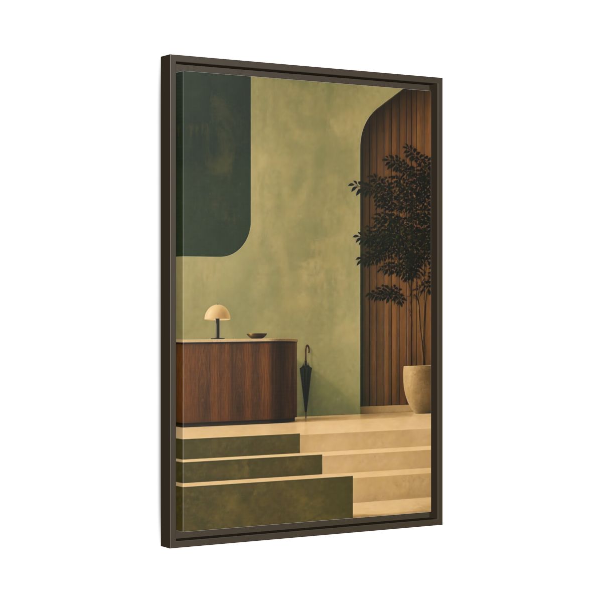 Side Mockup 11. Sage Reception Desk shown as framed canvas print