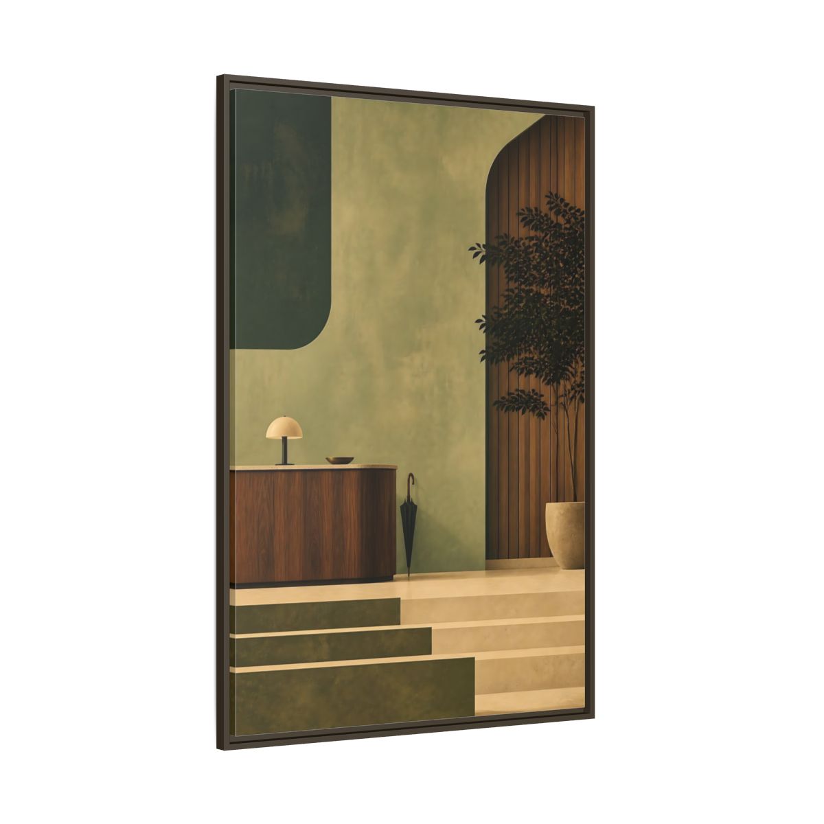 Side Mockup 8. Sage Reception Desk shown as framed canvas print
