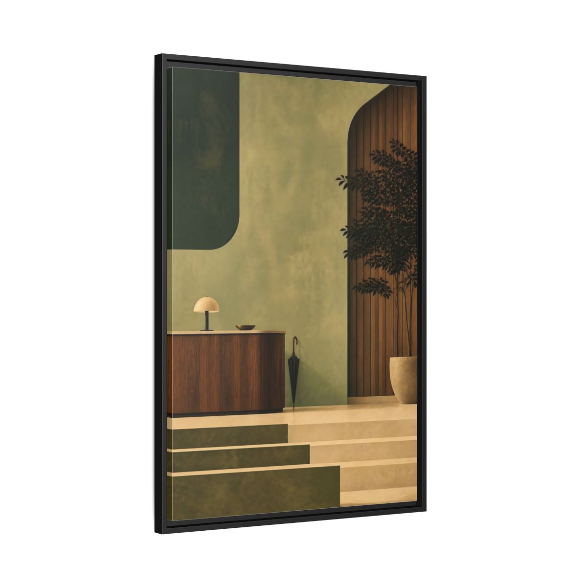 Side Mockup 13. Sage Reception Desk shown as framed canvas print