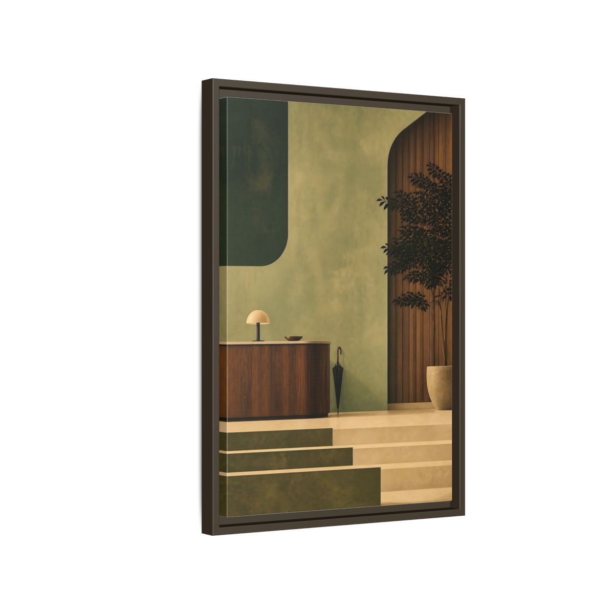 Side Mockup 2. Sage Reception Desk shown as framed canvas print