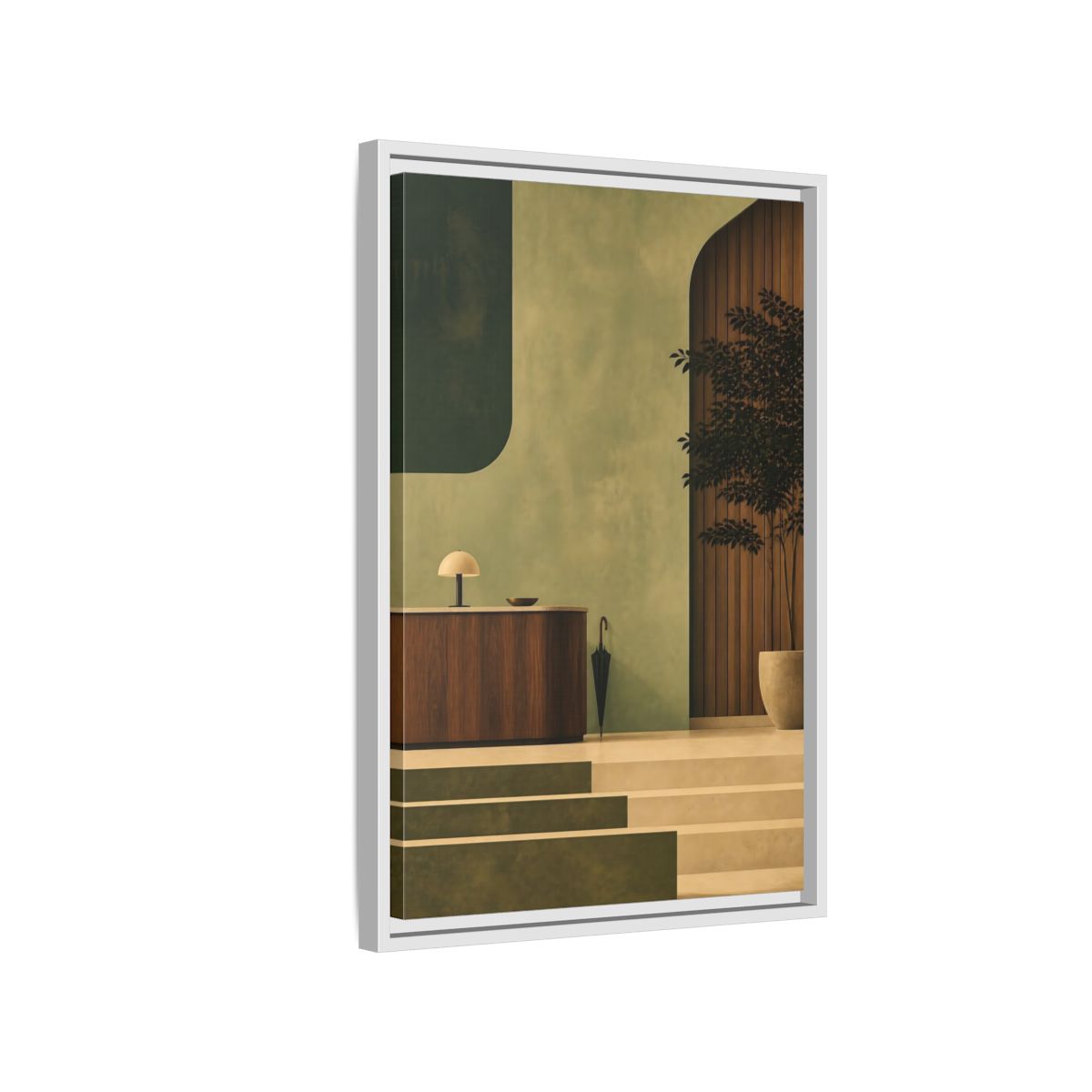 Side Mockup 1. Sage Reception Desk shown as framed canvas print