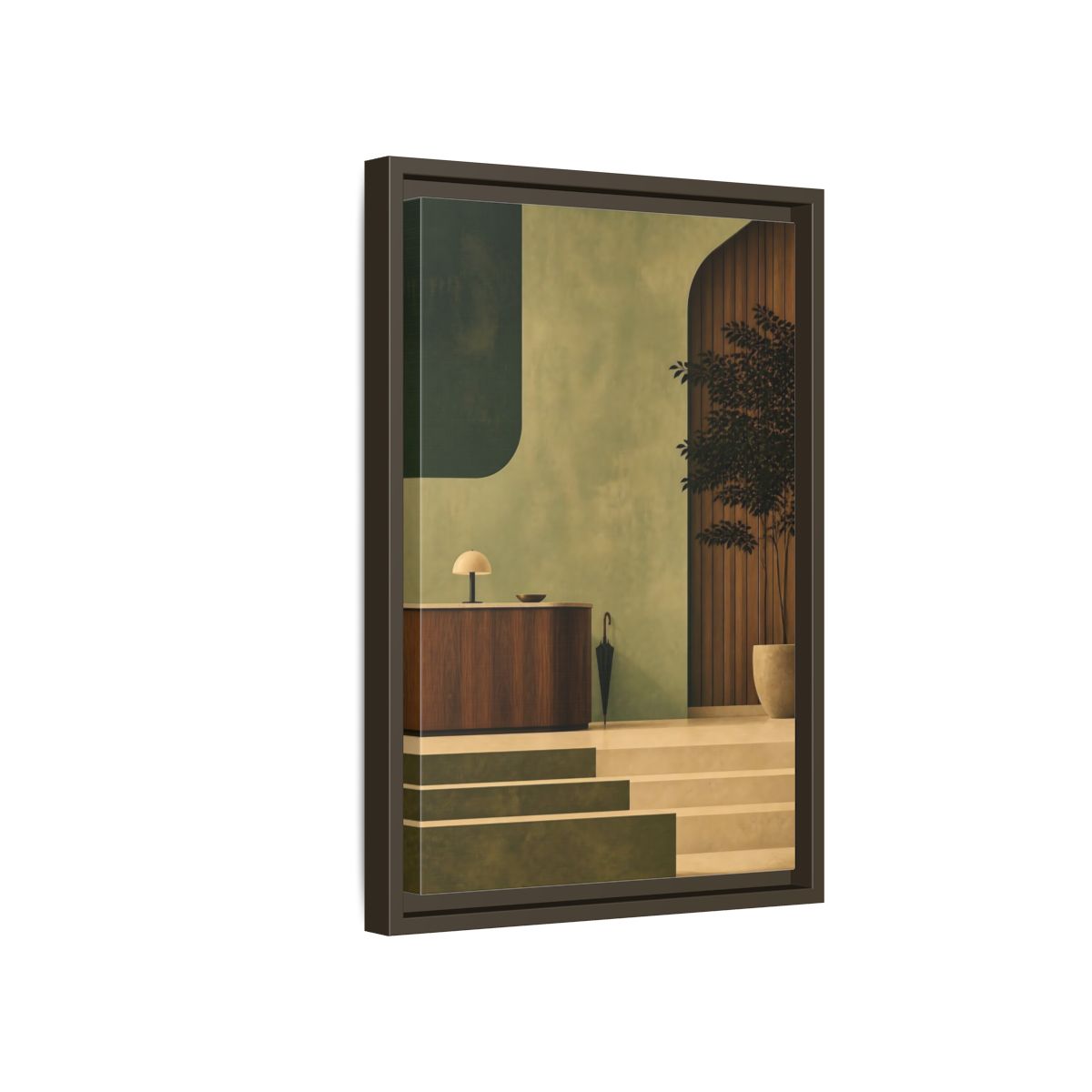 Side Mockup 5. Sage Reception Desk shown as framed canvas print