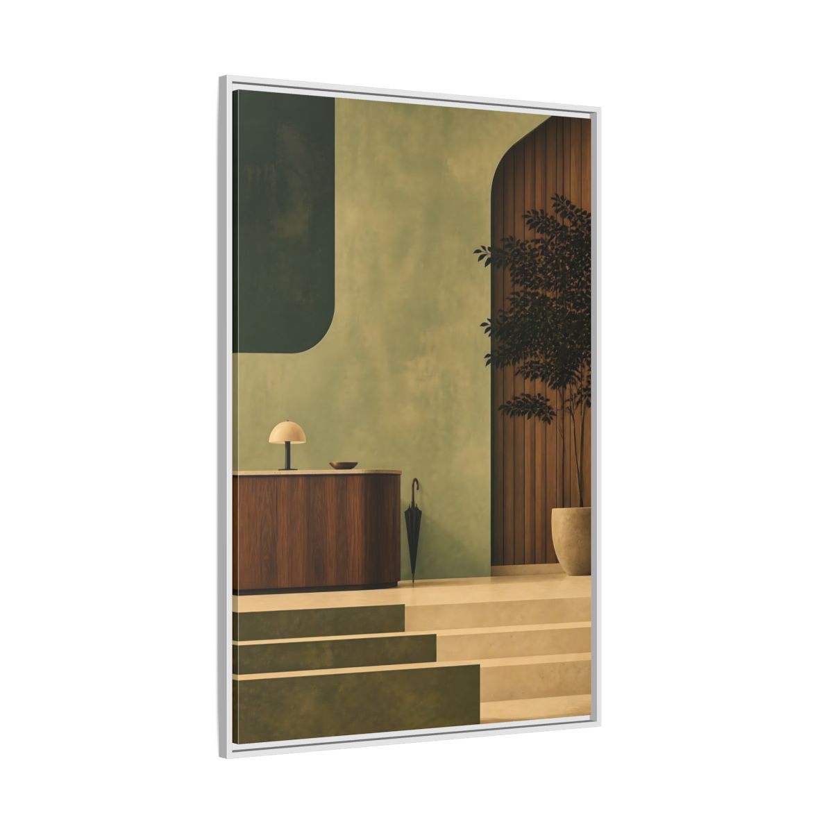 Side Mockup 7. Sage Reception Desk shown as framed canvas print