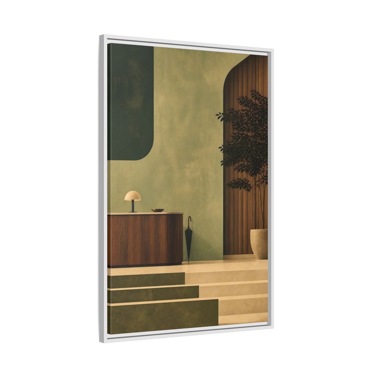 Side Mockup 9. Sage Reception Desk shown as framed canvas print
