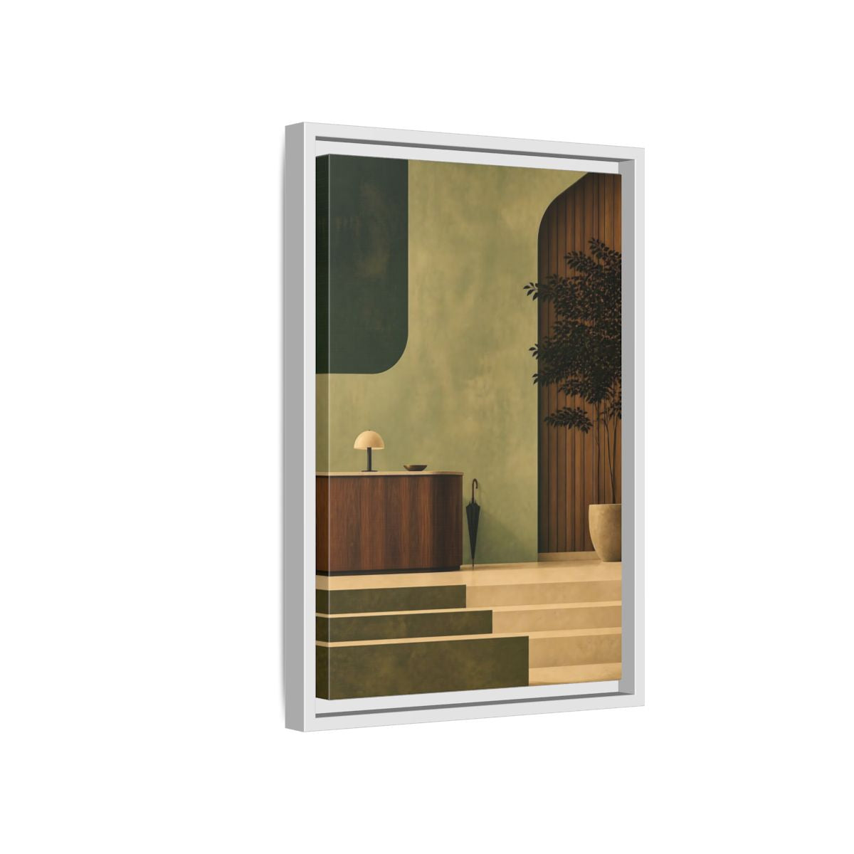 Side Mockup 4. Sage Reception Desk shown as framed canvas print