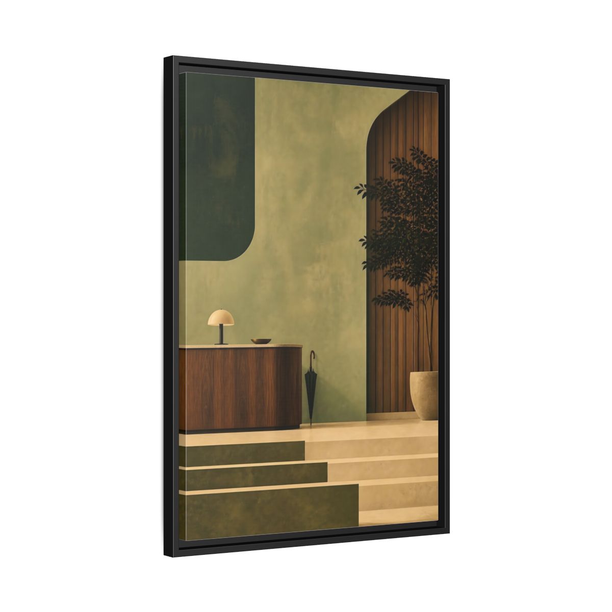 Side Mockup 14. Sage Reception Desk shown as framed canvas print